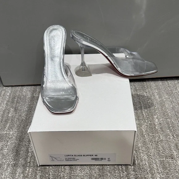 Amina Muaddi Lupita glass clear slipper plexi Silver pvc leather Heels - Picture 2 of 8
